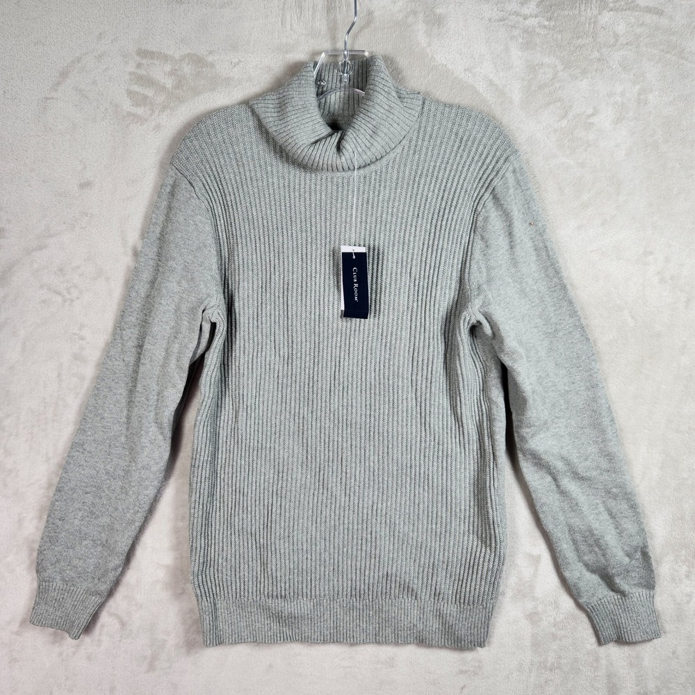 Club Room Texture Turtleneck Mens Small Soft Grey Heather Ribbed Cotton Pullover